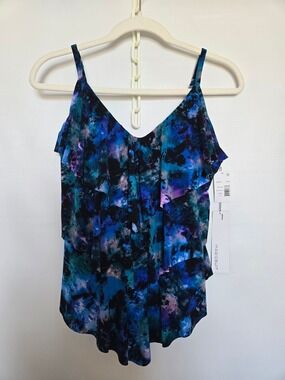 MAGIC SUIT 'RITA' TANKINI WOMEN BLUE PURPLE TIE-DYE TRIPLE RUFFLE NWT SZ 10